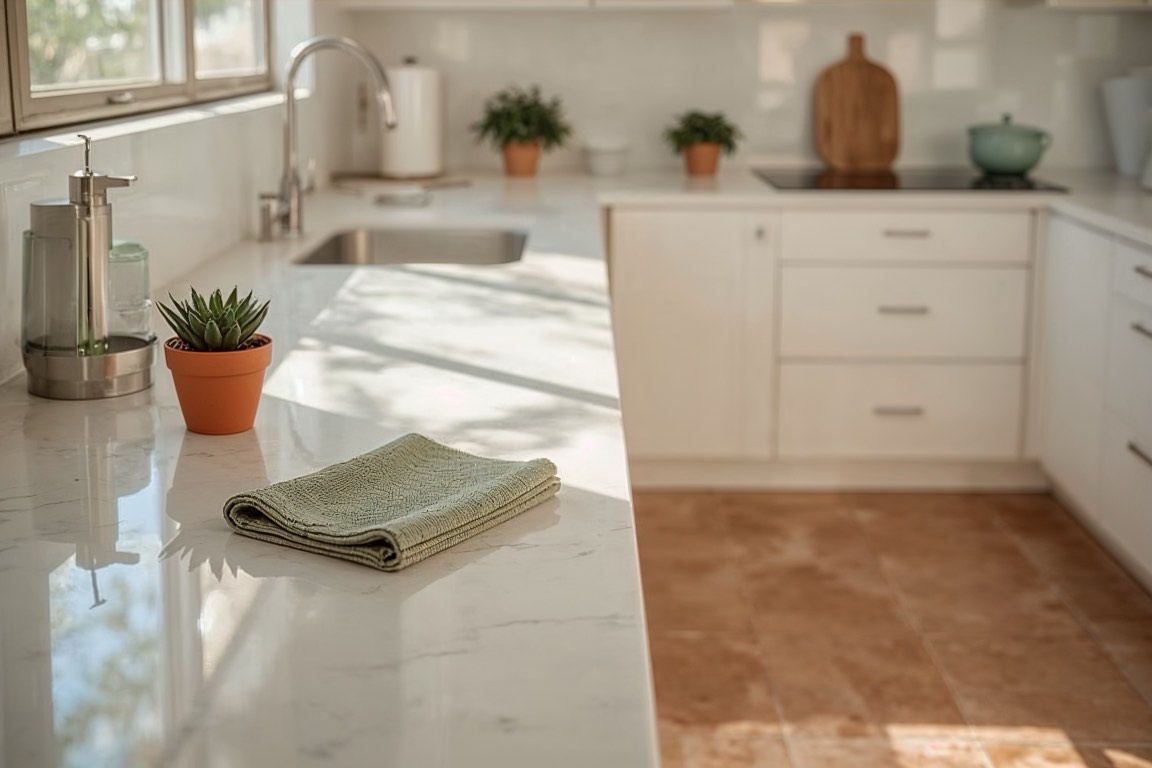 A cleared kitchen counter and squared stools in a Tucson home, prepared for listing photography